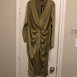 Boohoo Plus Ivy Slkiny Knot Front Midi Dress Olive US Size16